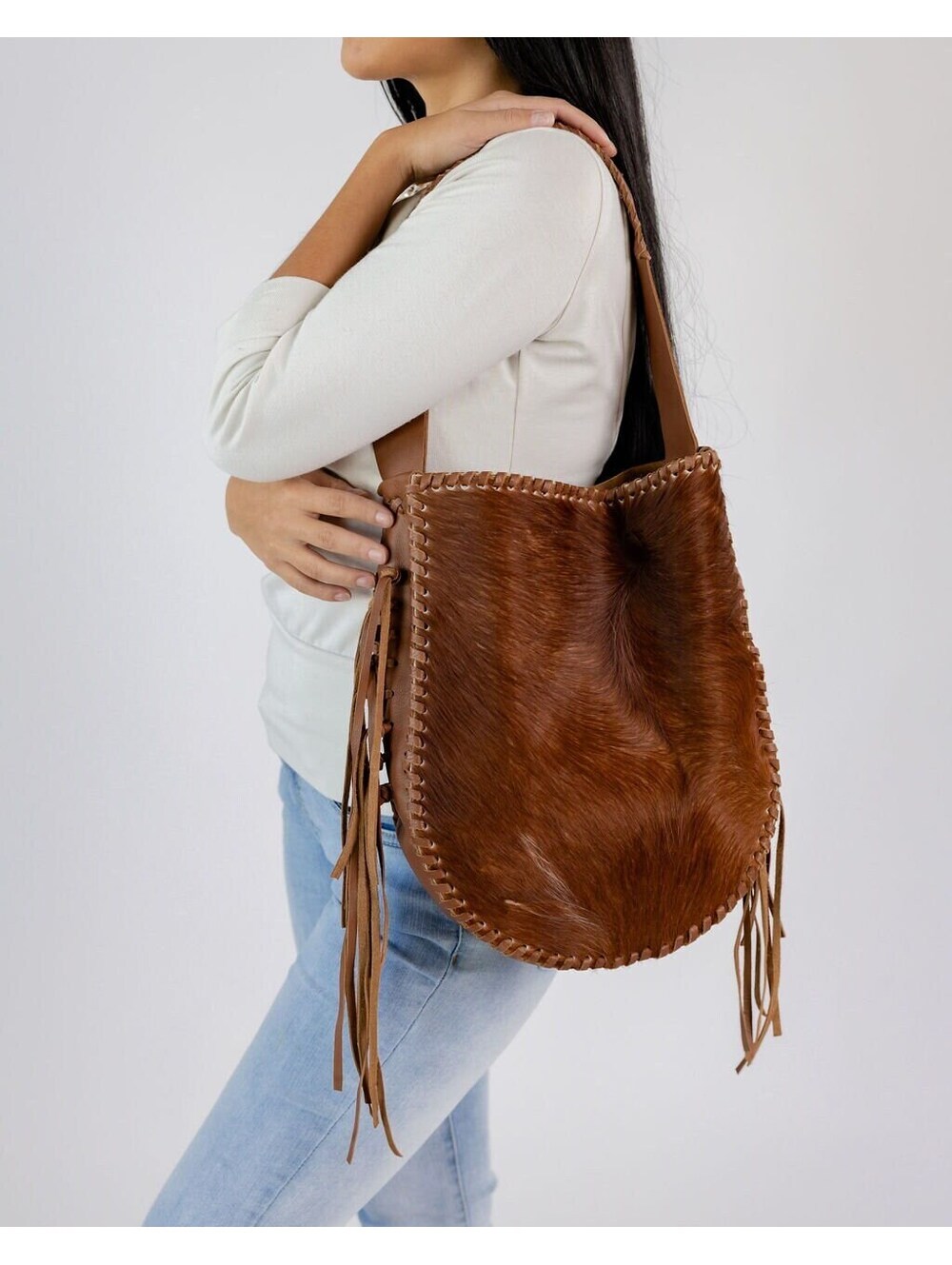 Hair On Calf Leather Hobo Bag: Brown Fringe Shoulder Bag